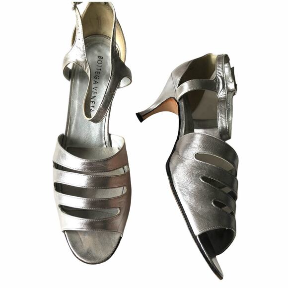 Bottega Veneta Peep Toe Heels Silver 9 Vintage 80s - Picture 2 of 16